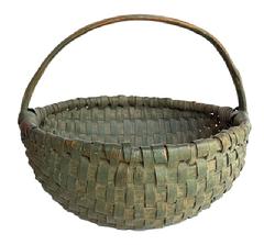 **SOLD** M153 Sturdy hand-woven original green painted Melon Basket made of ribbed and woven oak splints with steamed and bent center ring/handle, and the rim, woven into the construction of the basket. Nice woven details at handle on each side. Tightly woven and very sturdy. Measurements: 15 &frac34;� diameter x ~14� tall including handle. Sides are ~8� tall.  