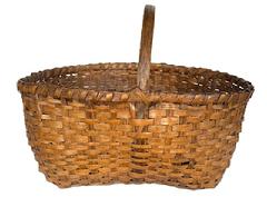 M27 Late 19th century New England hand woven splint Gathering Basket with steamed and bent handle that is woven into the basket and a single wrapped, double rim. Nice, natural patina surface with evidence of a few minor imperfections. Measurements: 14 &frac12;� x 10� oval (top) x ~4� x 9 &frac12;� rectangular bottom. The sides are ~7� � 7 &frac14;� tall, depending on where measured. Overall height with handle is ~11� tall. 