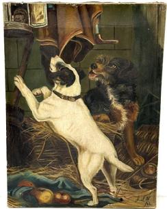 M198M198 Hand painted oil on canvas depicting a barn scene with two dogs trying to get a mouse inside a punched tin lantern hanging in the upper left corner � signed �J.S.H. �06� lower right corner. Unframed. Measurements: 16� tall x 12� wide. 