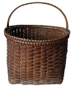 **SOLD** L5  Heavy construction woven splint Gathering Basket with sturdy steamed and bent handle bearing natural patina surface. Basket construction boasts a tightly woven decorative double rim with round opening tapering to a square bottom. Measurements:  13 &frac14;� x 13 &frac34;� top opening. Bottom is 10 &frac34;� square. The sides are 10� tall. Overall height is 15� tall.   