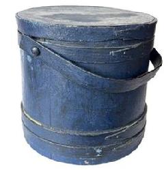 L250 19th century wooden firkin with staved sides and steamed and bent handle secured with wooden pegs bearing old blue over original blue painted surface. The finger lapped bands are secured with tacks and one tiny staple at the very tip of each band. Very sturdy. Great natural patina inside. Measurements: 12� top diameter x 12 &frac34;� bottom diameter x 11 &frac34;� tall.  
