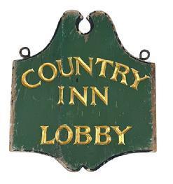 L354 Shaped solid wooden trade sign advertising �Country Inn� �Lobby� in deeply carved letters bearing gold gild paint. The background bears its original green painted surface with original black paint surrounding the entire edge of the sign. Original early iron oversized eye hooks remain intact for hanging purposes. Single sided. Wear indicative of exposure to weather. Measurements: 16� wide x 18� tall x ~1 &frac14;� thick. 