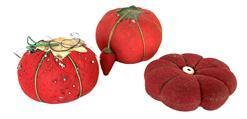 K1778A This is a group of handmade early 20th century tomato pincushions in cotton with a green felt cap. Stuffed with sawdust. There are three in the group.  Approximate measurements: 2 &frac12;� dia. x 1 &frac14;� tall, 3 &frac14;� dia. x 5/8� tall, and 2 &frac12;� dia. X 1 &frac12;� tall. 