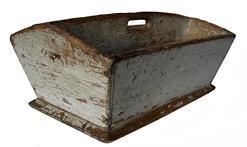 J453 Mid 19th century original gray painted cutlery tray / knife box bearing canted sides and slightly raised center with cutout handle for carrying. A nice bevel edge surrounds the bottom board. Great wear indicative of years of use. Square head nail construction. Circa 1840s. Measurements: 13 &frac34;� x 9" x 6" tall (center). 