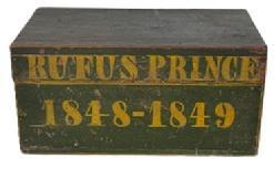 L539 19th century identified and dated original green painted box � with �Rufus Prince 1848 � 1849� painted in yellow with visible remnants of yellow pinstriping along the edges of the box. Natural patina interior. The wood is pine, with a combination of �T� nails and small square head nail construction. NOTE: Rufus Prince (1829-1883) was from Bangor, Penobscot, Maine.