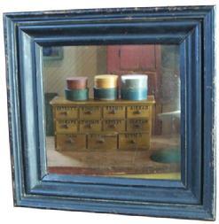 Y7 19th century Looking Glass , with original black paint, yellow pine wood, with lap jointed corners, what looks like the original mirror. 16" x 16"