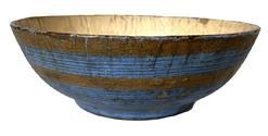 H1058 Very thin, delicate turned wooden footed bowl bearing original Blue painted exterior decorated with two gold painted bands. Interior boasts original white paint bearing significant paint crackling due to age and use. Measurements: 8 &frac12;� diameter x 3� tall.