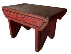 K1774 Mid-19th century identified Pennsylvania original red painted and black decorated foot stool. The bottom of the stool boasts original painting with ornate writing that reads: �From F. E. Oberholtzer  1864" painted in decorative pumpkin letters with tan shadowing on a light yellow background. Stool boasts decorated drop aprons on each side that are mortised into the legs, and the legs are mortised through the top. Square head nail construction. Measurements: 14� wide x 8� deep x 8 &frac12;� tall. NOTE: Franklin �Frank� Eckert Oberholtzer (1846-1926) of Montgomery County, Pennsylvania was married to Catherine Reichert Kindig (1849-1905) and they had 6 children. This stool was most likely a wedding gift to his bride. 