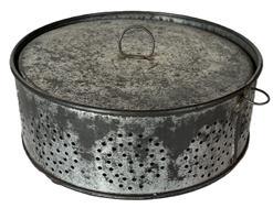 **SOLD** K1813 19th century footed tin cheese strainer with lid. Nicely rolled edges and secure solder joints. Measurements: 7� diameter x 3� tall. 