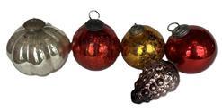 K1527 Five (individually priced) Kugels consisting of a silver ribbed ball ~ 4� tall, pink grapes ~4� tall, a red ball with crazing ~4� tall, a gold ball with crazing ~3 &frac12;� tall and a solid red ball ~4� tall.  Hand blown glass - nice weight and condition with original caps and rings. Made in Germany between 1840 and early 1900. The silver kugels are actually clear glass with mirrored interiors to give them the metallic appearance. The word "kugel" means "round ball" in German, but they were also made in the shapes of Grapes, Apples, Berries, Pears, Tear Drops, Pinecones and Ribbed Melons. Silver, gold and green � which brilliantly reflected candlelight, were the most popular colors.  