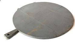 **SOLD** F238 19th century wooden Peel Board / Cutting board bearing old gray painted surface. The runners you see showing are actually the bottom of the peel board, but for display purposes, it looks more interesting with the runners showing. The opposite side is perfectly flat for working on and bears wonderful patina from years of use. Measurements: ~20 &frac14;� diameter x &frac12;� thick x 24� long.   