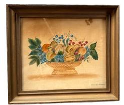 L324 Early 20th century Folk Art hand-painted Theorem on velvet � signed by artist � Mary O Mecagni. Theorem features a still life of an oval woven compote style basket containing a beautifully arranged abundance of fruits with accents of tendrils and leaves. Beautiful use of colors and shading adds to the visual appeal. Nicely framed in what appears to be the original frame. Framed measurements: 16 5/8� wide x 14 5/8� tall x 1 &frac34;� deep. Viewing area is 12 7/8� wide x 10 7/8� tall. (NOTE: Research indicates Mary O. Mecagni (1900-2004) was from New London, CT.)  