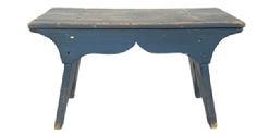 L487 Early 19th Century Pennsylvania splay leg foot stool in beautiful original blue paint. Wonderful cut outs adorn the feet on each while scalloped aprons adorn each side of the stool. The drop aprons are mortised into the legs. Square head nail construction. Circa 1830. Measurements: 14� wide x 7 &frac12;� deep x 7 5/8� tall. 