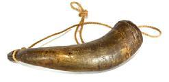 L179A 19th century Powder Horn with wooden stopper. Approximate measurements: 8 &frac12;� long.  1 &frac34;� x 2 &frac14;� diameter on lidded end.   