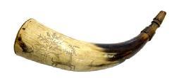 RM1615 Late 18th Century Lancaster County, Pennsylvania hand carved and folk decorated powder horn with wooden bottom that is adorned with several different carved rings, patterns and symbols, including a Stag and Tree as well as the initials JR and HB. Approximate measurements: 11" long x 2 &frac12;� diameter at bottom x 3/8" diameter at top. 