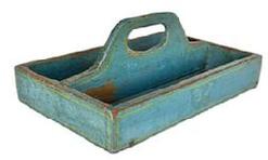 L419 19th century Pennsylvania Cutlery Tray / Knife Box retaining its original blue painted surface with chrome yellow pinstripe decoration. Tall, curved center divider features cut out for carrying purposes. The wood is pine � with square head nail construction. Very dry surface with wear indicative of use. Circa 1840 � 1850�s. Measurements: 12 &frac12;� wide x 8 3/8� deep x 2 1/8� tall sides x 5� tall at handle.   