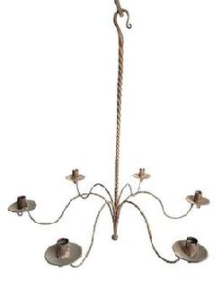 B247 Wrought Iron 6 Arm Chandelier - Twisted Scrolled Arms and Shaft. Made by Jerry Martin when he worked at the Landis Valley Farm Museum. Measurements: ~ 24 &frac34;� across arms to outer edge of drip cups. Overall height is 25 &frac14;� tall. 