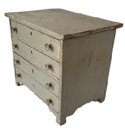 L41 Mid 19th century Pennsylvania Child's Chest of Drawers retaining gray painted surface. Chest features four dovetailed drawers resting on decorative cut out base. The wood is pine. Square head nail construction. Measurements: 18 5/8� wide x 13 &frac12;� deep x16 &frac12;� tall.   
