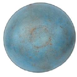 **SOLD** L32 Early 19th century wooden bowl bearing its beautiful original light blue painted surface. Nice hand / slow turned lathe marks visible throughout with a carved lipped band around top edge and great natural patina interior.   Bowl is out of round at 16 12� x 17 &frac14;� diameter with 4 &frac34;� � 5 &frac14;� tall sides, depending on where measured.