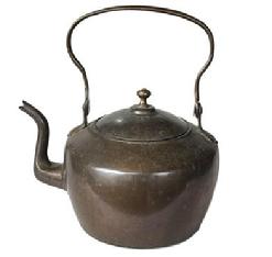 K203 Large 18th century dovetailed Copper Gooseneck Tea Pot bearing �V I� carved into the underside of the sturdy bail handle. Snug fitting lid with turned finial. The spout is secured with rivets. No holes in bottom, however there is evidence of a very small, early repair to handle that does not affect its integrity.  Great uncleaned original surface with minor dents and patina indicative of use. Circa mid-1700s. Approximate measurements:  8� diameter (bottom) x 12 &frac12;� deep at spout x 13 &frac12;� tall to top of handle.  