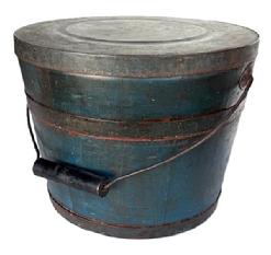 L397 Spectacular identified original blue painted lidded wooden bucket � Stamped on bottom � ��.Made & Warranted, by JAMES WITCHER�.� with arched wire bail handle and turned wooden grip. The thick, solid wood lid is rimmed by a &frac34;� tall metal band secured with hand forged tacks. The interior is old natural patina. Tongue and grooved staved construction held in place with &frac34;� tall metal bands secured with hand forged tacks.