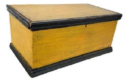 **SOLD** M89 Diminutive mid-19th century Pennsylvania original yellow and black painted Docukment  box featuring a dovetailed case with applied molding around top and bottom and large initials �A. M.� painted in red on the bottom. Square head nail construction. The wood is pine.  Circa 1860s. Natural patina interior with handwriting (illegible) inside the lid.  Measurements� 12 &frac12;� wide x 7 &frac14;� deep x 5 5/8� tall.  