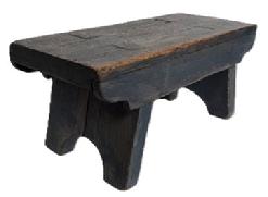 M73 Late 18th century original blue painted Stool featuring half-moon cut out design on each leg/end of the stool and a drop apron on each side that is mortised into the legs. The splayed legs are double mortised through the top. Very sturdy. The wood is walnut. Measurements: 13 &frac14;� long x 6" deep x 5 &frac34;� tall. 
