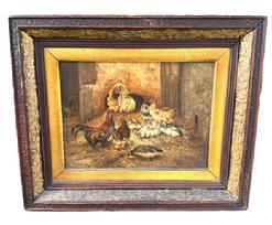**SOLD** M84 Mid-19th century oil on canvas depicting a Barn scene with several Chickens and a Rooster. Signed by artist (Couturier) in lower left corner. Framed measurements: 18 5/8� wide x 2� deep x 15 &frac12;� tall. Canvas measures 12� wide x 9� tall. NOTE: Philibert Couturier (1823-1901) � was known for his paintings of roosters, hens and guinea fowl � with many of his paintings being present in Museums in France, the United States and Poland.  