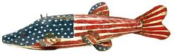 M1132A Mid-19th century hand carved Folk Art Patriotic Fish Decoy featuring original red, white and blue painted surface. Wooden body with tack eyes and tin tail and fins. Hand painted stars and stripes are featured on tail and each of the tin fins to match those on the body and around the head. Solid wood body with metal weight embedded into the fish�s underbelly. Approximate measurements:  13 &frac12;� long x 4 &frac12;� wide x 4� tall. 