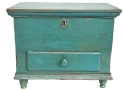 **SOLD** M154 Exceptional, identified early 19h century Berks County, Pennsylvania beautiful original robin egg blue painted miniature blanket chest with drawer, lidded till and applied moldings resting on turned feet. Identified and dated inside lid of till and inside drawer: �C.S. Tufter � Vinemont � Berks Co Pa 1893� There is also a carved pinwheel in the top of the lid. The wood is pine with �T� and square head nail construction � with an approximate age of the box being around 1800-1820. Measurements: 15 3/8� wide x 9 &frac12;� deep x 12 &frac12;� tall. (NOTE: a receipt, dated March 11, 1904, from Spring Township, PA in the amount of $1.00 for Road Tax for the year 1903 remains inside the drawer.) 