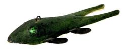 M16J Hand carved Folk Art Frog shaped fishing decoy featuring beaded eyes, faintly carved mouth, four tin legs/fins and wooden back legs bearing original painted surface with imbedded lead weight on the underbelly. Carver attributed to Ross Allen Sr. (1915-1993) of the Lac du Flambeau Ojibwa Nation in Wisconsin. Approximate measurements: ~5 &frac34;� long x ~2� wide x ~ &frac34;� tall.