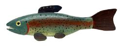 M287 Hand carved Folk Art Fish Decoy featuring original painted and decorated surface with carved details for mouth and gills. Signed with initials and dated �98 on underside of tail. Solid wooden body with stationery tin fins with painted details to match the body, glass eyes and metal weights embedded into the underbelly. Approximate measurements: 13 &frac14;� long x 3 &frac34;� wide x 4� tall.  