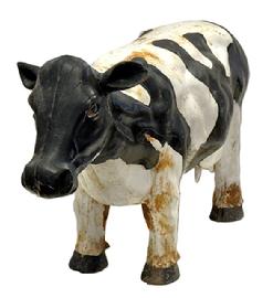 **SOLD** M98 Very early 20th century large Cast Iron full body Cow Garden D&eacute;cor � painted to depict a Holstein. Extremely heavy. Circa 1920s-1930s. Approximate measurements: ~34� long x ~9 &frac12;� wide x 18� tall.  