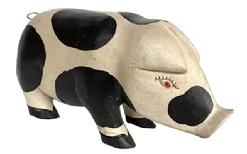 M71 Hand carved and painted Folk Art Pig Sculpture. Solid wood with carved details such as an upturned nose and characteristic eyes as well as downward turned, pointed ears and defined feet. Heavy, solid wood with a curled tail made of heavy wire. Original hand painted surface. Approximate measurements: 16� long x 6� wide x ~ 8� tall. 