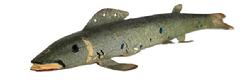 M16g Hand carved Folk Art Pike shaped / painted Fish Decoy from Michigan featuring original silver surface with black and blue spots and carved details for mouth and gills. Wooden body with stationery metal fins featuring painted details to match the body paint. Painted eyes. Solid wood body with a metal weight embedded into the underbelly. Unknown Michigan Carver. Approximate measurements: ~6 &frac12;� long x ~1 &frac34;� wide x ~1� tall. 