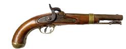 RM1642 Early 19th century muzzle loading Pistol with working action and original ramrod. Solid wooden stock with brass accents. Beautiful condition. No visible maker�s marks. Circa 1840s. Overall length is ~14 &frac12;� long.