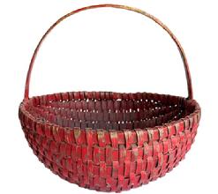 M43 Sturdy hand-woven Melon Basket made of ribbed and woven oak splints with steamed and bent center ring/handle woven into the construction of the basket. This single wrapped, single rimmed basket bears a bright red painted surface over the original blue paint. Tightly woven. Measurements: 13 &frac34;� x 13 &frac12;� x ~13� tall at handle. Sides are ~6� � 6 &frac12;� tall, depending on where measured. 