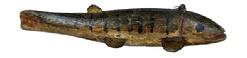M16F Hand carved Folk Art carved and painted Fish Decoy from Michigan retaining remnants of its original green, black and brown painted surface with carved details for mouth and gills. Wooden body with stationery tin fins and painted eyes. Solid wood body with metal weights embedded into the underbelly. Unknown carver in the Cadillac, Michigan style. Approximate measurements: ~5� long x ~1 &frac34;� wide x ~1� tall. 