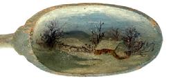 **SOLD** M112 19th century hand painted wooden spoon depicting a landscape scene of a house with barren trees and a fence all covered in sparkling snow. Serene details and soft colors throughout. No chips or breaks. Measurements: 13 &frac14;� long x 2� wide x ~3/4� deep.  