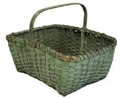 M321 19th century Pennsylvania hand woven gathering basket with original green painted surface featuring a sturdy rectangle shape with a single wrapped, double rim and a steamed and bent, deeply notched handle that is woven into the sides. Nice size and in very good condition. Measurements: 15� x 9 &frac12;�. Sides are 6� tall. Overall height including handle is ~10� tall. 