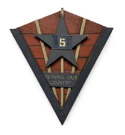 RM622 Mid-20th century Americana V for victory wooden shield in original red, white and blue paint � with metal plate bearing the number 5 in the center of the blue wooden star.  This is from a small town in Illinois and was used to display the number of local Service Men and Women serving their country from the town. Great piece of Americana. Measurements: 20 &frac14;� wide x ~2 &frac14;� thick x 24� tall. 