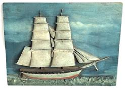 **SOLD** M133 Late 19th century handmade Folk Art Wooden Ship plaque depicting a full sail ship. Hand carved and painted details create the �waves� in the forefront. Measurements: 9 &frac34;� wide x 7 &frac12;� tall. The back board is &frac12;� thick.  
