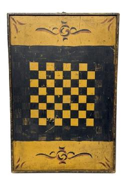 M164 Late 19th century Pennsylvania wooden double sided Game Board with Parcheesi on one side and Checkers on the other. Retains untouched crackled surface with polychrome colors including red and black on a mustard painted background. One board construction with applied molding on all sides. Small wire nail construction with a ring on top for hanging purposes. Measurements: 28 &frac14;� long x 19� wide x 1 3/8� thick