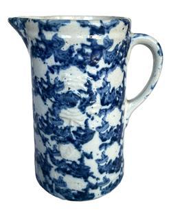 K1684 Rose Embossed Blue Spongeware Pitcher - Circa 1880�s � 1890�s. Great condition with one visible turkey track on interior glaze at top rim. Measurements: 5 &frac12;� bottom diameter x 9� tall. 