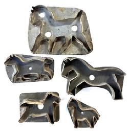 **SOLD** M15B Group of five (5) flat backed tin cookie cutters featuring various silhouettes of Horses. All solder joints are secure. The largest of this group measures ~ 6 1/2" wide x 5" tall and the smallest in this group measures ~ 4 1/8" wide x 3� tall. 