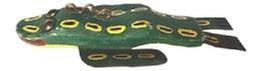 M16A Hand carved Folk Art Frog shaped fish decoy from Michigan featuring large tack eyes, carved mouth, tin legs and original painted surface with imbedded lead weight on the underbelly. Signed with initials �DP� on bottom.  Approximate measurements: ~7 &frac34;� long x ~3 &frac34;� wide x ~ 1 &frac14;� tall.
