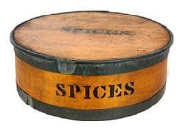 L175 Mid-19th century Tin Bound Bentwood nine piece Spice Set with patent date on bottom � �PATENT PACKAGE CO NEWARK NEW JERSEY AUG 31,1858�. This set is all original and complete � with seven internal canisters (2 5/8� diameter x 2 &frac34;� tall) include: Ginger, Cloves, Cinnamon, Nutmeg, Allspice, Mustard, and Mace around the slightly larger center canister (3 &frac14;� diameter x 2 &frac34;� tall) marked Pepper. The letters are stenciled in black on all lids and sides of each box. Outer box measures 9 &frac12;� diameter x 3 &frac14;� tall.  