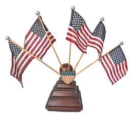L263 U.S. Patriotic Radiator Cap Parade Flag Holder with shield on front and slots for 5 flags (included) � mounted on a handmade solid wooden base of unique design resembling a ball atop a stepped side pyramid. Circa 1920-1930s. Base measures 6 &frac14;� x 6 &frac12;� x 8 &frac14;� tall. Overall height with flags displayed is ~17� tall.   