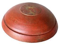 **SOLD** K1117 Original red painted wooden bowl. This heavy bowl is out of round and rests on a slightly raised foot. Bowl boasts slow turned lathe marks and a wide band around the top edge separated by a deeply incised ring encircling the bowl. Interior shows evidence of slow turnings, chop marks throughout, and varied patina levels. There is an early break that goes completely through part of the rim / side that has been secured at some point with tiny metal staples. Measurements: 13� x 12 &frac14;� top diameter x 2 &frac34;� x 3 &frac14;� tall � depending on where measured. 