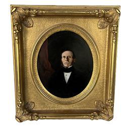 K1699 19th century hand painted Portrait of a distinguished Gentleman in nice gold gild frame. Great facial details. Oil Painting on board. Unsigned. Remnants of original framer�s label remains intact on back. Framed measurements: 16 &frac12;� wide x 3� deep x 18 &frac12;� tall.   